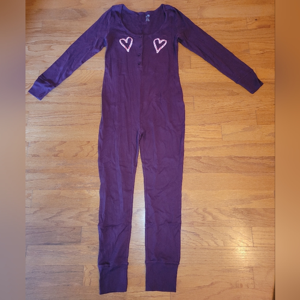 Victoria's Secret Pink Onesie, Plum Purple with Candy Cane Heart, Size M